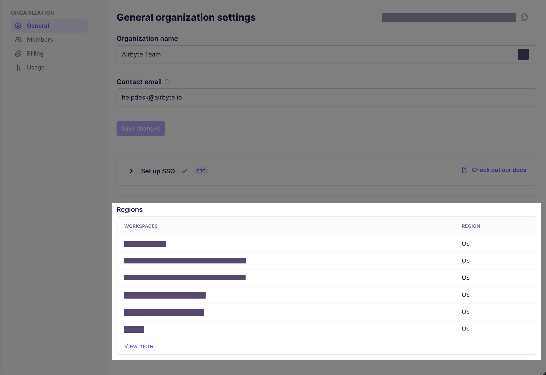Multiple regions displayed in Airbyte's General Organization settings